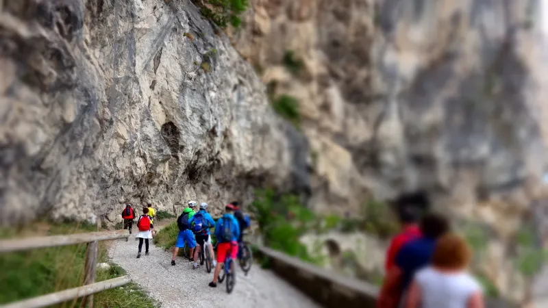 Gruppo in bici lungo una strada scavata nella roccia